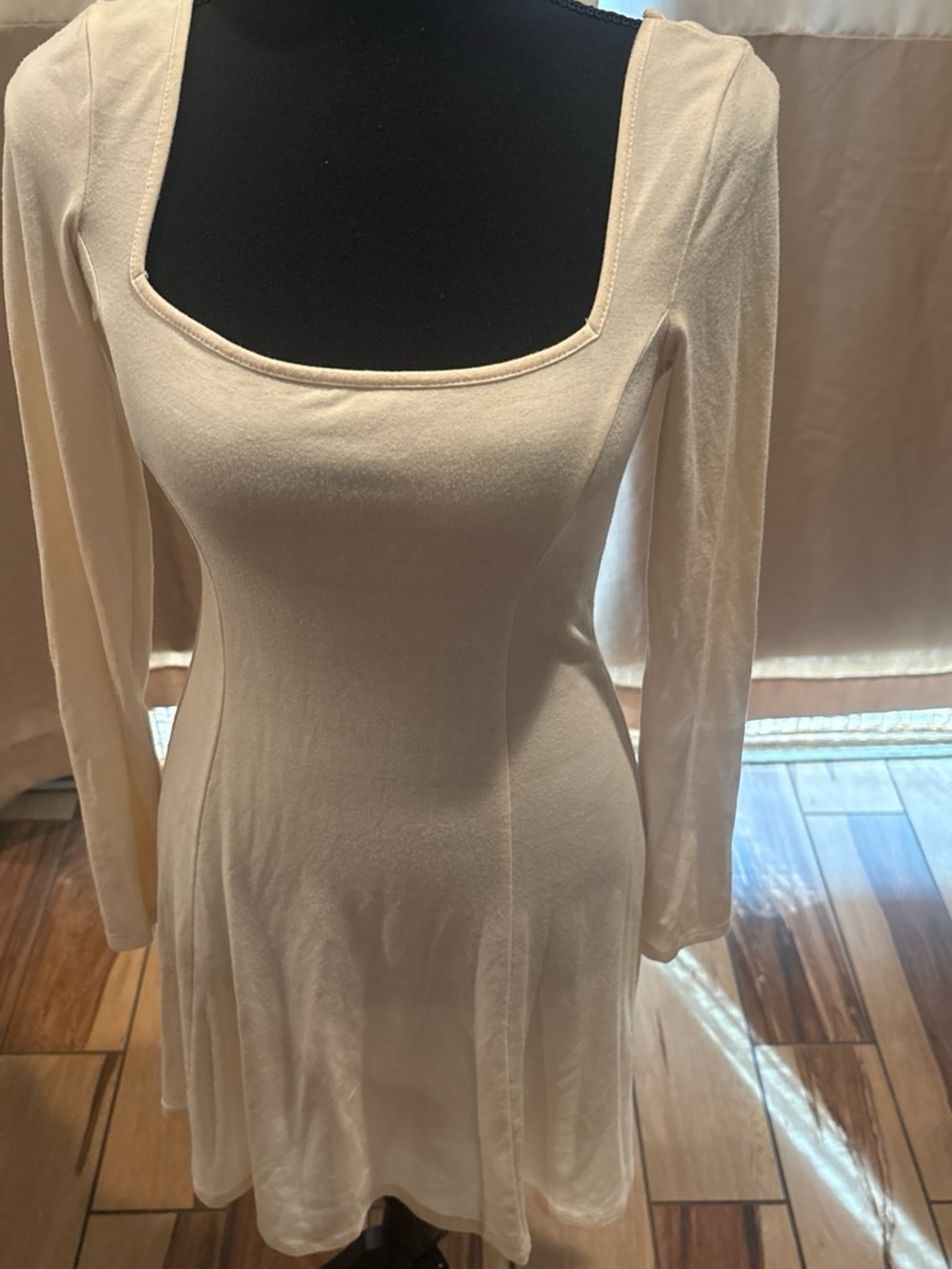 Makeup Forever Cream Long Sleeve Square Neck Fit-and-Flare Dress